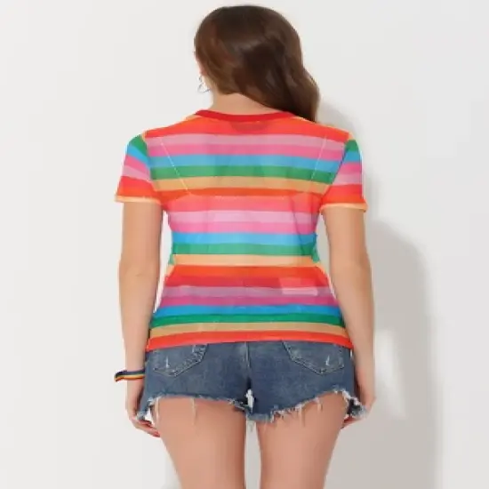 Allegra K Women's Rainbow Blouse Short Sleeve Mesh Sheer Stripe T-Shirt image {2}