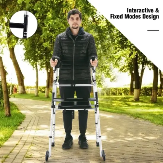 Costway Foldable Aluminum Alloy Walker Wheel Walking Frame with Seat & Armrest Pad image {6}