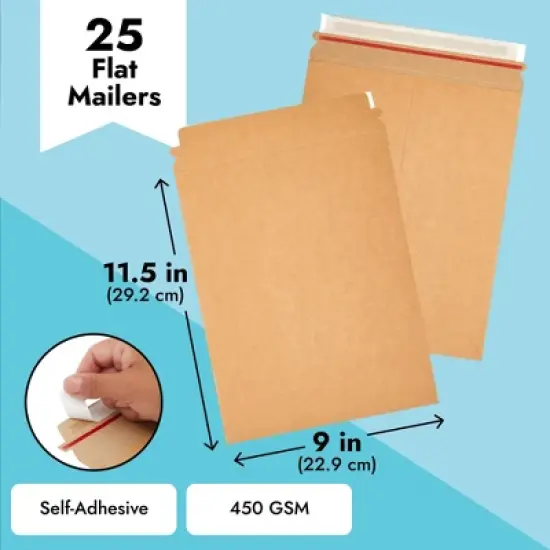 Juvale 25-Pack Stay Flat Rigid Mailers 9x11.5 with Self Adhesive Seal, 450 GSM Sturdy Brown Cardboard Envelopes image {6}