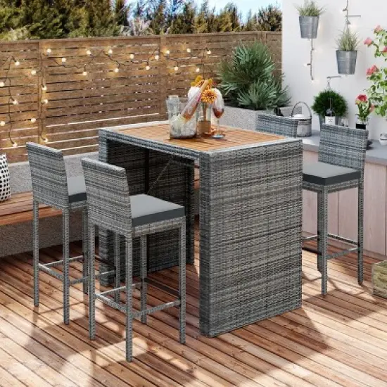 5 Piece Outdoor Wicker Bar Set, Bar Chairs with Cushions,Non-Slip Feet for Patio, Acacia Wood Bar Table with Wicker for Garden or Poolside-Koiai image {7}