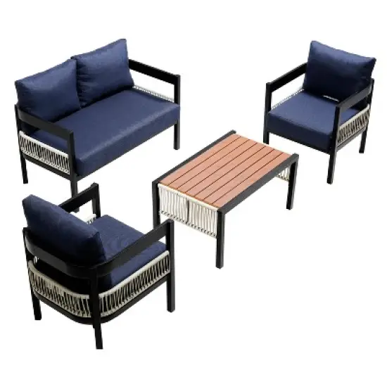 FIONECA U_STYLE Dark Blue Multi-Person Outdoor Iron Sofa Set with Table, Rattan Decoration, Waterproof & Rust-Proof Patio Furniture for Garden & Lawn image {4}