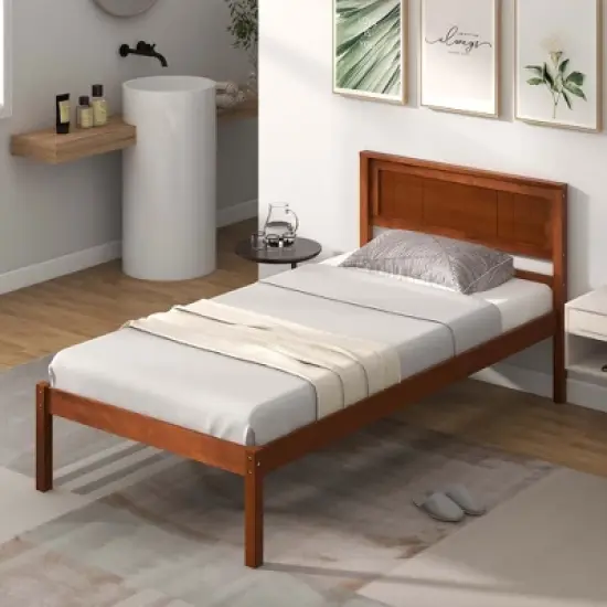 Costway Full/Queen/Twin Size Wooden Platform Bed Frame with Headboard Mattress Foundation Walnut image {12}