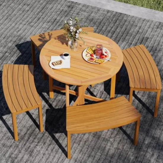 Costway 2PCS 36" Outdoor Folding Round Dining Table with  Slatted Tabletop for Backyard image {3}
