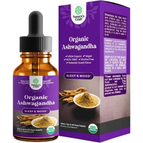 Organic Ashwagandha Drops, Adaptogenic Pure Ashwagandha Tincture for Energy Stress and Mood Support, Nature's Craft, 30mL image {5}
