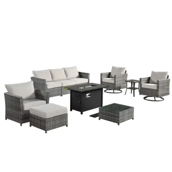 Tenaya 10pc Wicker Outdoor Patio Furniture Set Conversation Sofa with a Metal Fire Pit, Swivel Chairs and Cushions image {1}