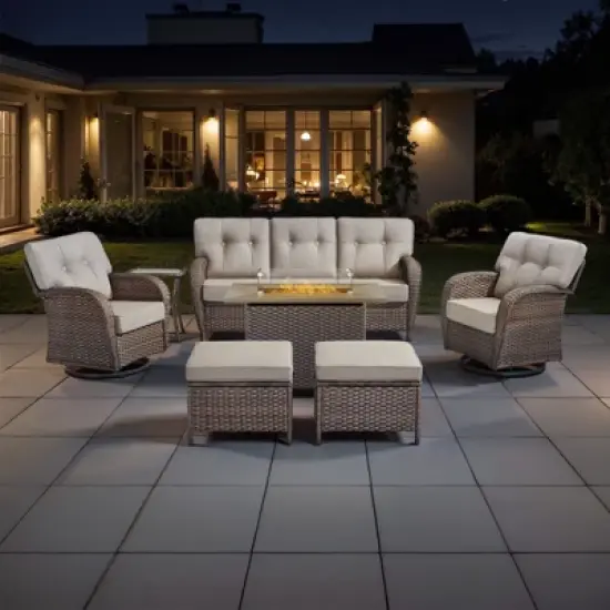 Belord Outdoor Wicker Patio Furniture Set with 41" Propane Fire Pit Table, Swivel Patio Chairs Set with Sofa Couch, Fire Pit Table and Ottoman image {16}