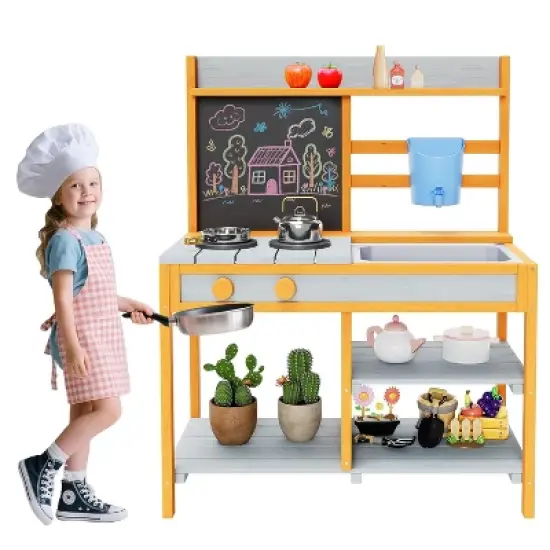 Mud Kitchen for Kids Wooden Pretend Play Kitchen Set with Planter Box, Removable Sink & Faucet, Chalkboard, Storage Shelves&pound;&brvbar;Pretend Stove Montessori image {7}