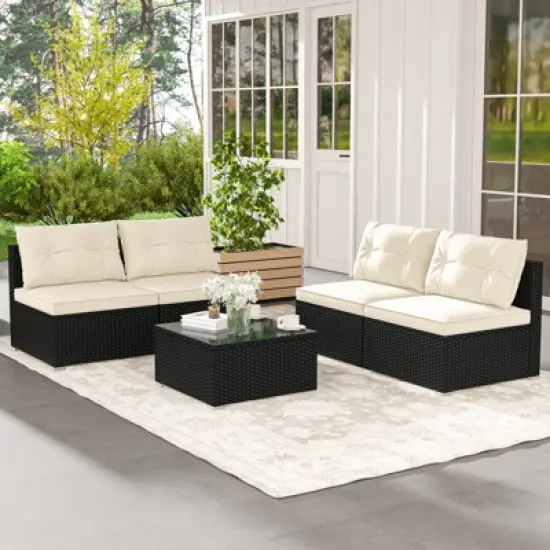 Tangkula 5 Pieces Outdoor Patio Furniture Set Sectional PE Rattan Sofa Set with Cushions and Tempered Glass Coffee Table image {3}