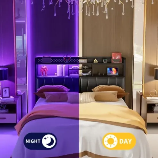 Aheaplus Upholstered Headboard with Storage Shelf, Charging Station and LED Light image {7}