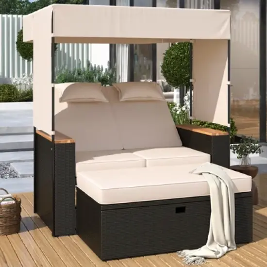 2-Piece Outdoor Rattan Daybed, Outdoor Bed with 5 Positions, Outdoor Loveseat Patio Sofa with Bench Lounge Roof Set and Cushions image {6}