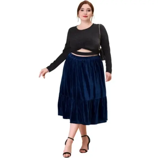 Agnes Orinda Women's Plus Size Velvet Elastic Waist Ruffle Hem Party Midi Skirt image {2}