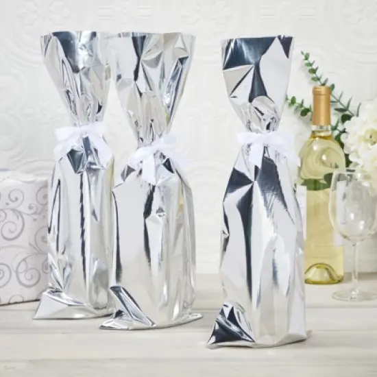 Sparkle and Bash 100 Pack Metallic Silver Foil Gift Wrapping Bags for Wine Bottles, 6.25 x 17.5 in image {1}