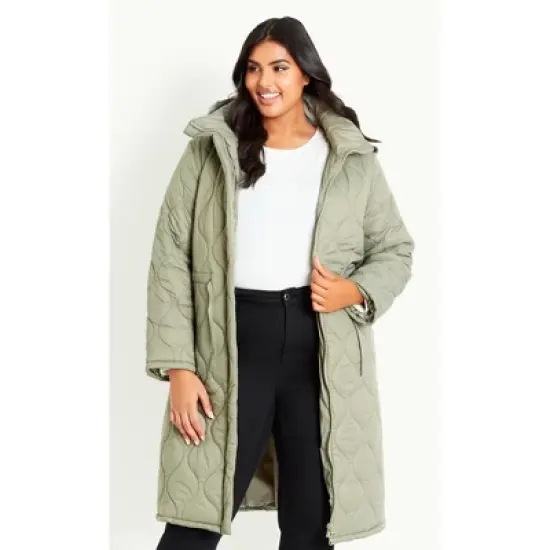 Women's Plus Size Quilted Hood Coat - Green | EVANS image {8}