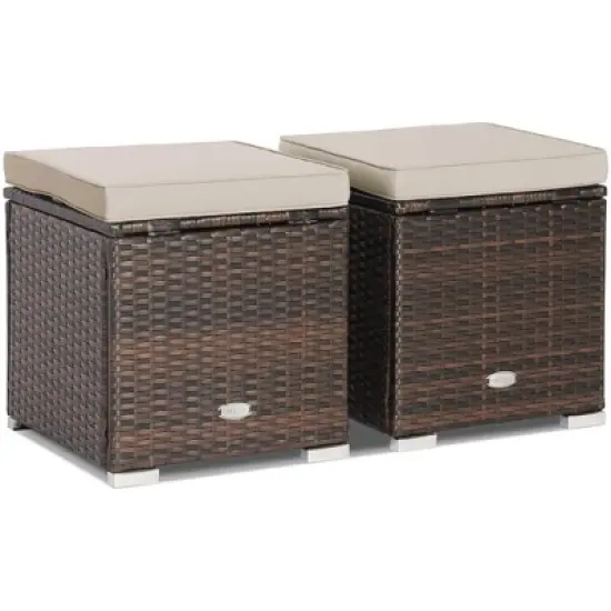 Costway 2PCS Patio Rattan Ottomans Seat Side Table Storage Box Footstool with Cushions Red/Grey/Black image {9}