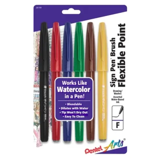 Pentel Arts Sign Pen Brush Tip, Assorted Colors, 6-Pack image {3}