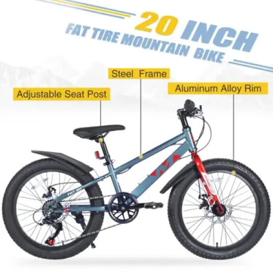 INFURNIC Bicycles 20 Inch Kids Fat Tire Mountain Bike with Shimano 7 Speed and Disc Brakes, Grey, 55.12"*22.83"*32.68" image {1}
