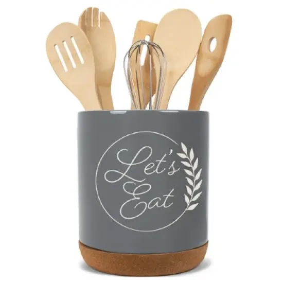 Elanze Designs Let's Eat Laurel Wheat Ceramic Cork Bottom Gray Large Capacity Utensil Holder Crock for Countertop Storage, Stylish & Durable for image {4}