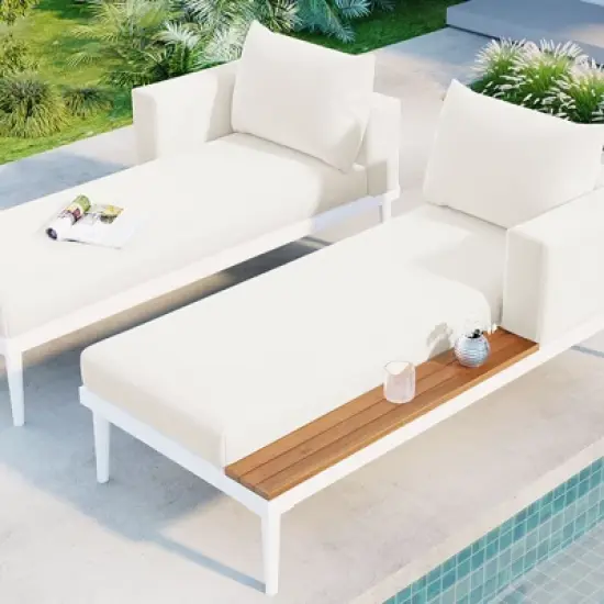 2PC Outdoor Daybed Set, Metal Frame with Acacia Wood Side Tables, Cushioned Patio Lounge Sofa for Garden or Poolside - Coolbibila image {2}