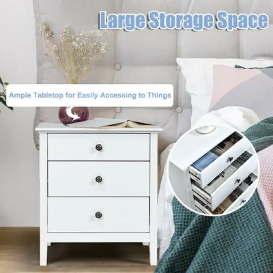 Costway Nightstand Beside End Side Table Accent Table Organizer W/3 Drawers White image {8}