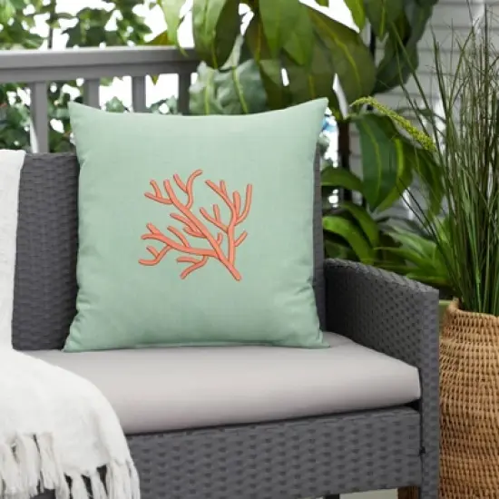 Sunbrella Indoor/Outdoor Coral Embroidered Throw Pillow Green - Sorra Home: Weather-Resistant, Square Canvas Spa Design image {2}
