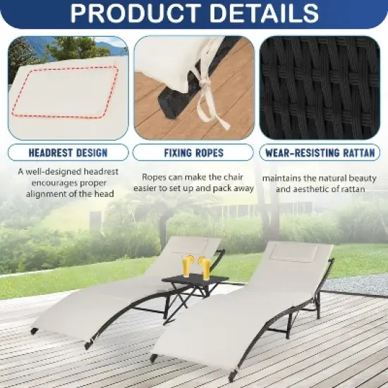 BestMassage 2 Piece Patio Chaise Lounge Outdoor Furniture Set with Folding Table, Khaki image {2}