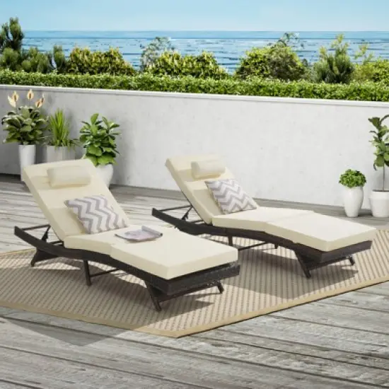 Outdoor Chaise Lounge Chair Set of 2, Wicker Reclining Lounge with Adjustable Backrest & Cushion, Sunbathing Chair for Patio Pool Garden image {7}