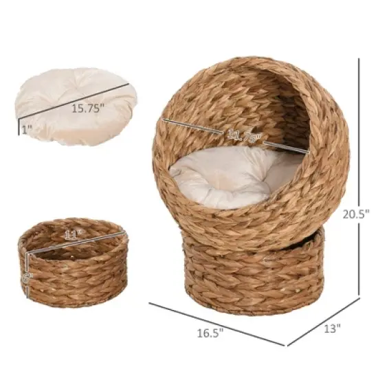 SKYONE Rotating Elevated Cat Bed with Soft Cushion, Handwoven Wicker Basket Design, 23.5" image {2}