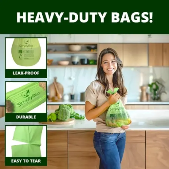 Simply Bio 3 Gallon Compostable Trash Bags Handle-Tie, Thick 0.67 Mil, 11.36 Liter, 80 Bags, Small Kitchen Food Scrap Waste Bag image {3}