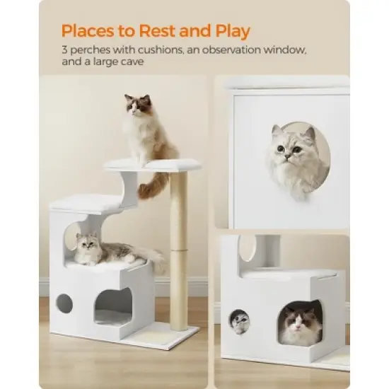 WoodyWonders 33.8-Inch Modern Cat Tower with 3 Perches, Scratching Post & Cave, Includes 4 Washable Cushions image {7}