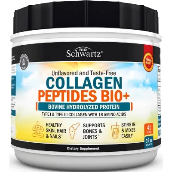 Collagen Peptides Bio+ Powder, Grass Fed Bovine Collagen Supplement, Hydrolyzed Protein Peptides, Unflavored, Bioschwartz, 16oz image {4}