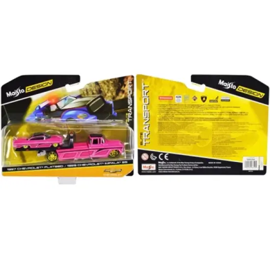 1957 Chevrolet Flatbed Truck and 1959 Chevrolet Impala SS Hot Pink with Black Top and Graphics 1/64 Diecast Models by Maisto image {2}