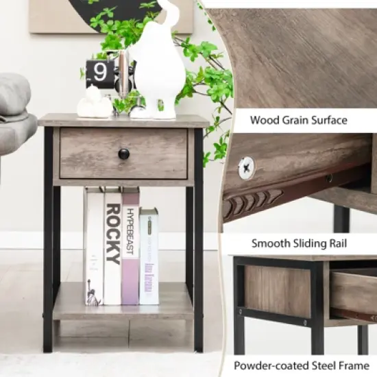Tangkula Industrial End Side Table Nightstand with Drawer Shelf Rustic Grey Oak image {5}
