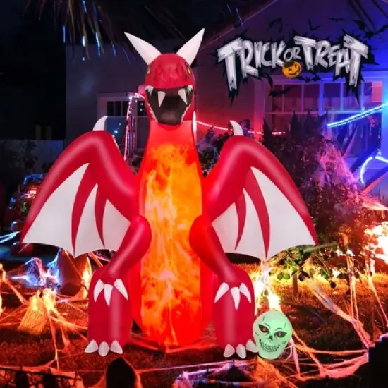 Costway 8 FT Halloween Inflatable Red Dragon with Wings & Skull Holiday Decoration Light image {3}