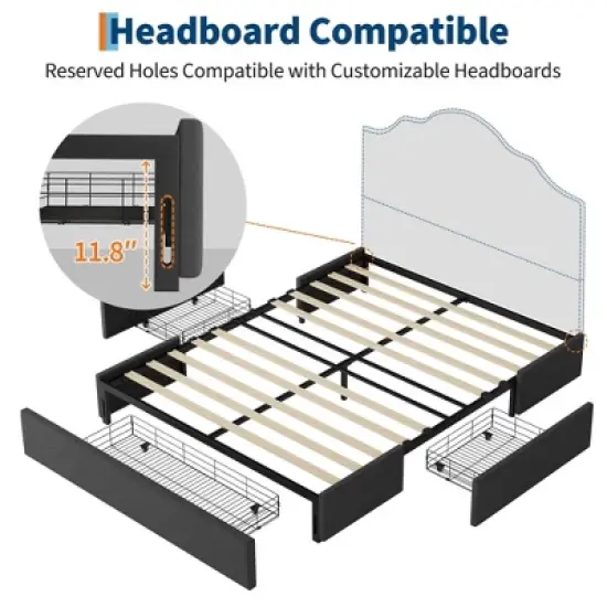 Full Size Bed Frame with 3 Storage Drawers, Fabric Upholstered Platform Bed, Wooden Slats Support, Dark Grey image {4}