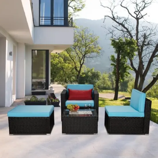 4pc Outdoor Wicker Conversation Set with Cushions - Blue/Brown - GODEER image {1}