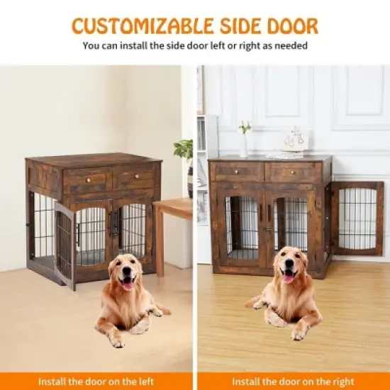 Dog Crate Furniture with 3 Doors,39.4" Large Dog Crate with 2 Drawer & Cushion,Wooden Dog House Kennel for Medium/Large Dog image {3}