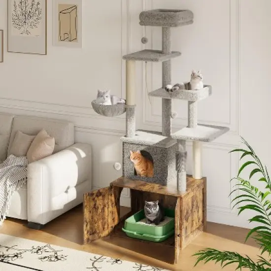 Cat Tree with Litter Box Enclosure Large, Multilevel Cat Play House with Large Condo, Spacious Hammock, Cozy Top Perch,Scratching Post,Brown image {6}