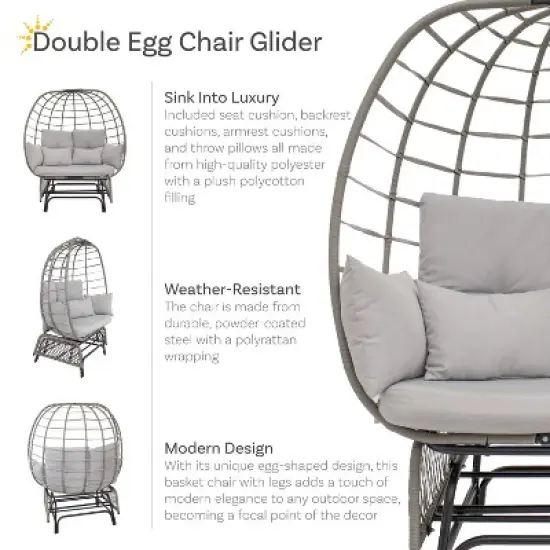 Sunnydaze Outdoor Polyrattan Double Egg Chair Glider with Cushions and Pillows - Gray image {1}