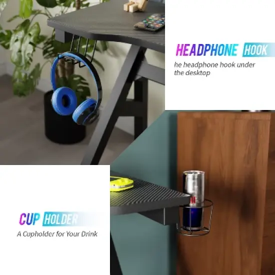 FDW 47 Inch Gaming Desk PC Carbon Fiber Table Ultimate Gamer Workstation with Cup Holder & Headphone Hook for Home Office image {2}