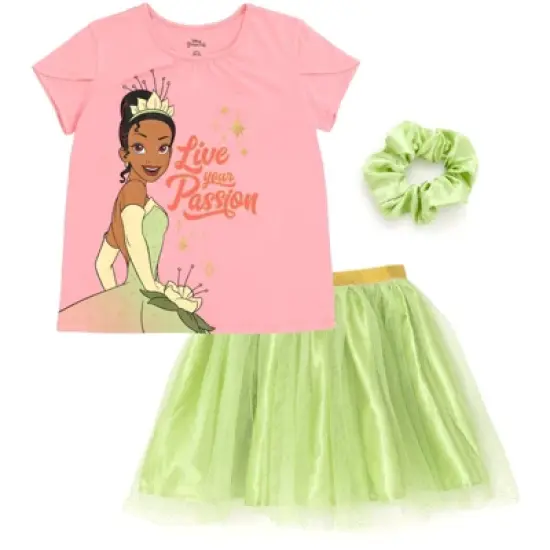 Disney Moana Princess Frozen Rapunzel Jasmine Belle Girls T-Shirt Tulle Skirt and Scrunchie 3 Piece Outfit Set Toddler image {15}