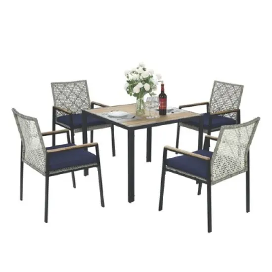 FIONECA All-Weather 5-Piece Patio Dining Set with Acacia Wood Table Top & Umbrella Hole, Light Gray Rattan Outdoor Conversation Set image {10}