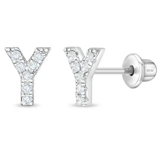 Girl's Cubic Zirconia Letter Initial Screw Back Sterling Silver Earrings - In Season Jewelry image {19}