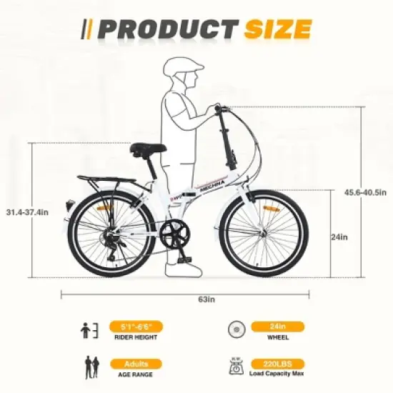 Gulches City Folding Bike 24inch, steel frame, 7speed Shimano gear system, dual V-brakes, 24inch&times;1.5inch black anti-slip tires image {4}