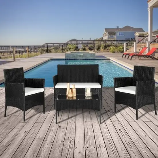 KTMBDW 4 Pieces Patio Set Outdoor Wicker Furniture Sets Modern Rattan Chair Conversation Sofa Sets with Glass Coffee Table for Yard and Bistro image {1}