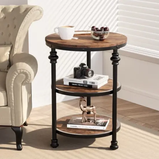 Whizmax End Table 3-Tier Round Side Table Living Room Accent Table with Storage Shelf, Wood Bed Side Table/Night Stand for Bedroom, Small Spaces image {3}