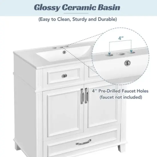30 Inch Modern Single Sink Bathroom Vanity with 2 Doors & 2 Drawers, Quick Assembly, Solid Wood Construction image {3}