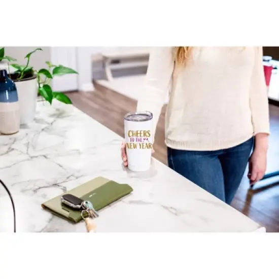 100 North 20 Ounce Stainless Steel On the Go Travel Tumbler With Push Top Lid, Cheers to the New Year White image {3}