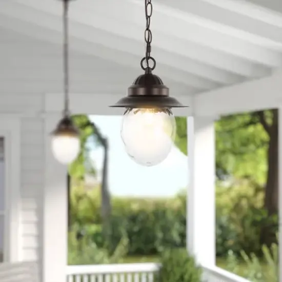 8.25" 1-Light Manteo Farmhouse Industrial Iron/Glass Outdoor LED Pendant Oil Rubbed Bronze/Clear - JONATHAN Y image {3}