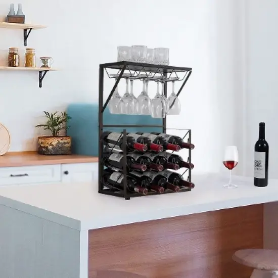 Kings Brand Furniture - 12 Bottles Countertop Wine Rack Stand with Glass Holder, Wine Storage Cabinet Shelf, Pewter/Marble image {2}