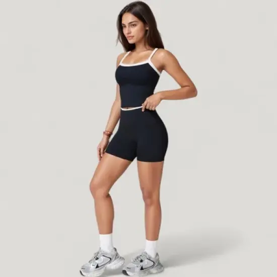 Anna-Kaci Active Women's Square Neck Cropped Active Tank with Contrast Trim and Built-In Bra for Light Support image {2}